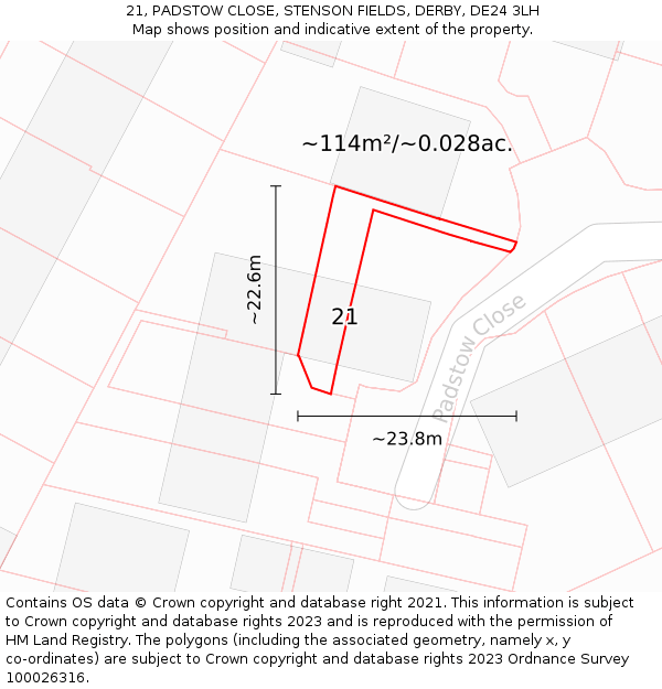 21, PADSTOW CLOSE, STENSON FIELDS, DERBY, DE24 3LH: Plot and title map