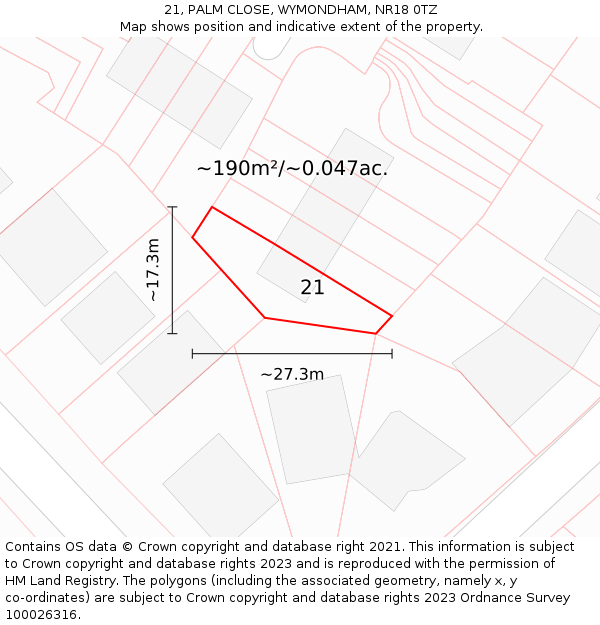 21, PALM CLOSE, WYMONDHAM, NR18 0TZ: Plot and title map
