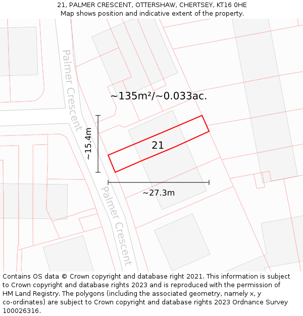 21, PALMER CRESCENT, OTTERSHAW, CHERTSEY, KT16 0HE: Plot and title map