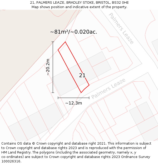 21, PALMERS LEAZE, BRADLEY STOKE, BRISTOL, BS32 0HE: Plot and title map