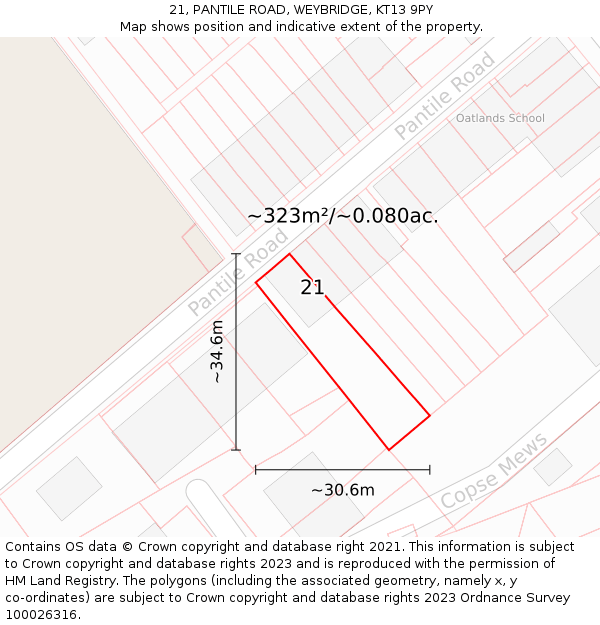 21, PANTILE ROAD, WEYBRIDGE, KT13 9PY: Plot and title map