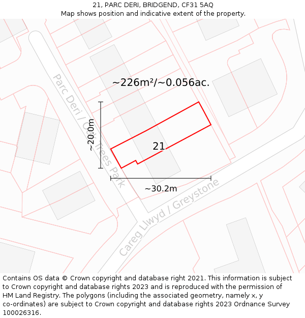 21, PARC DERI, BRIDGEND, CF31 5AQ: Plot and title map