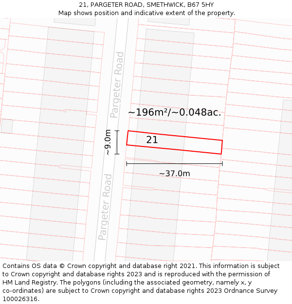 21, PARGETER ROAD, SMETHWICK, B67 5HY: Plot and title map