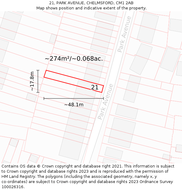 21, PARK AVENUE, CHELMSFORD, CM1 2AB: Plot and title map