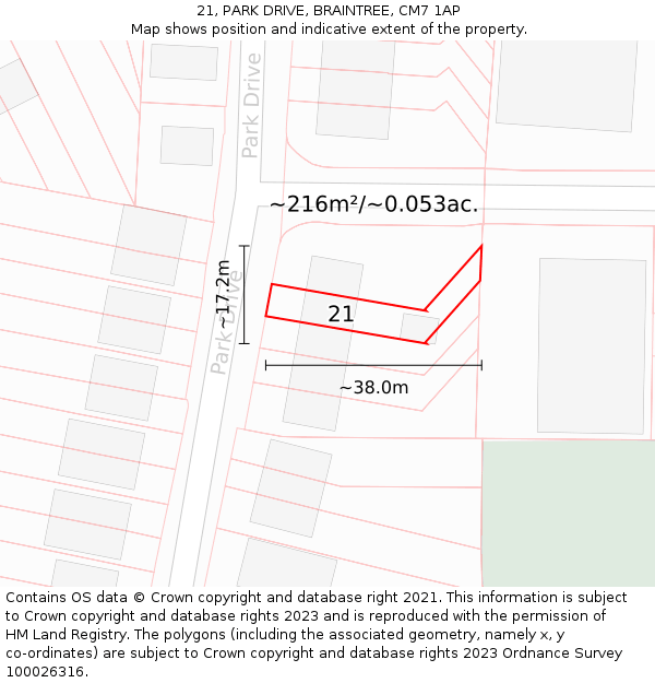 21, PARK DRIVE, BRAINTREE, CM7 1AP: Plot and title map