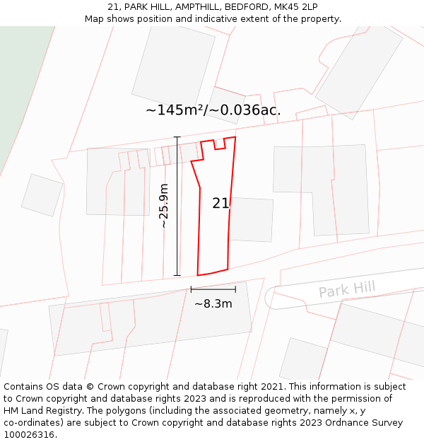 21, PARK HILL, AMPTHILL, BEDFORD, MK45 2LP: Plot and title map