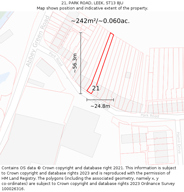 21, PARK ROAD, LEEK, ST13 8JU: Plot and title map