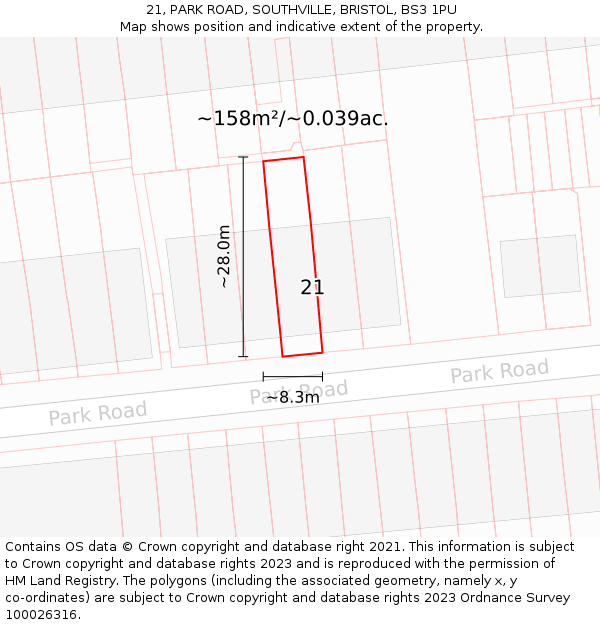 21, PARK ROAD, SOUTHVILLE, BRISTOL, BS3 1PU: Plot and title map
