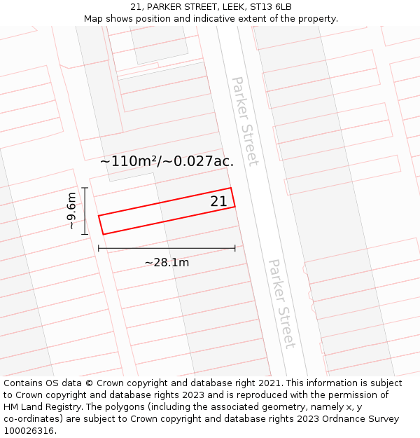 21, PARKER STREET, LEEK, ST13 6LB: Plot and title map