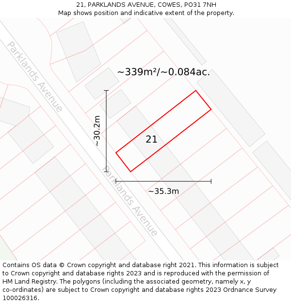 21, PARKLANDS AVENUE, COWES, PO31 7NH: Plot and title map