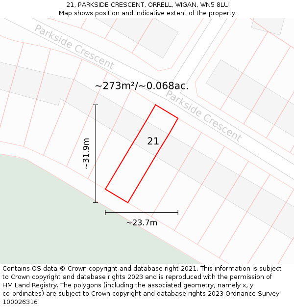 21, PARKSIDE CRESCENT, ORRELL, WIGAN, WN5 8LU: Plot and title map