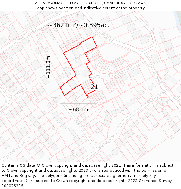 21, PARSONAGE CLOSE, DUXFORD, CAMBRIDGE, CB22 4SJ: Plot and title map