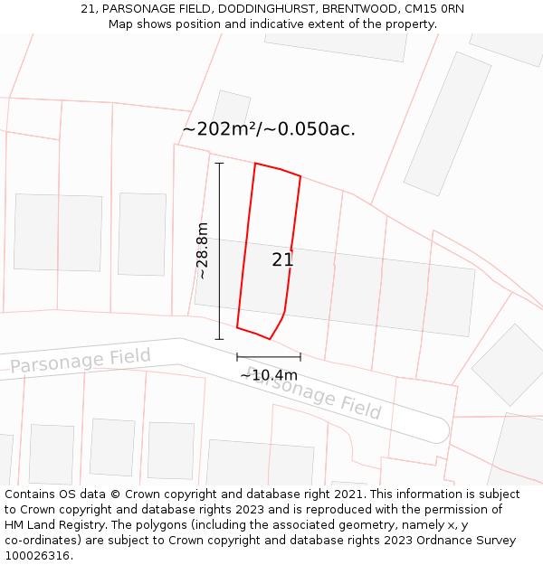 21, PARSONAGE FIELD, DODDINGHURST, BRENTWOOD, CM15 0RN: Plot and title map