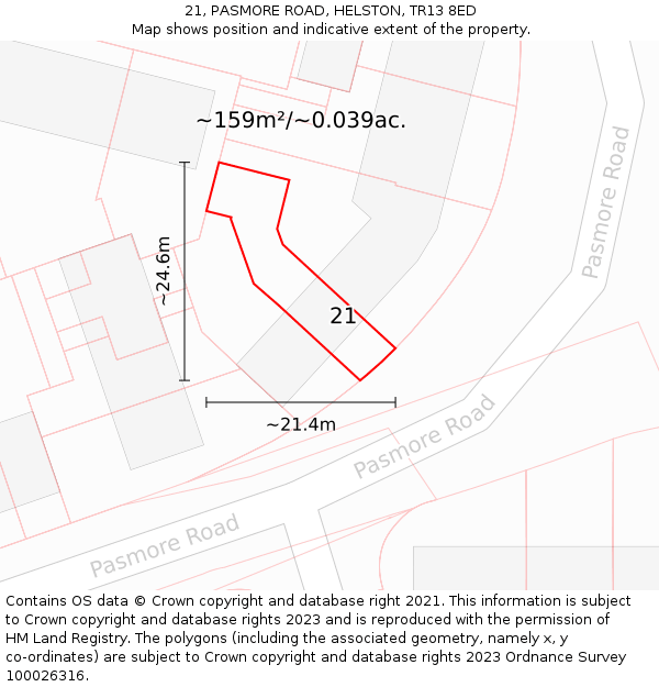 21, PASMORE ROAD, HELSTON, TR13 8ED: Plot and title map