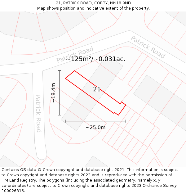 21, PATRICK ROAD, CORBY, NN18 9NB: Plot and title map