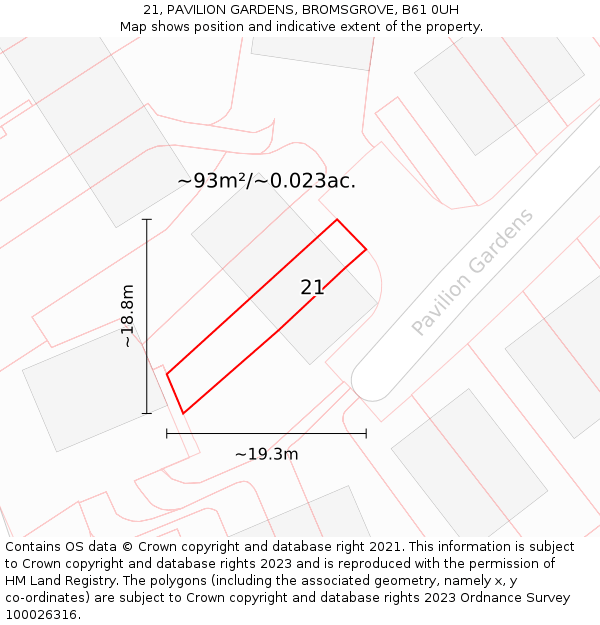 21, PAVILION GARDENS, BROMSGROVE, B61 0UH: Plot and title map