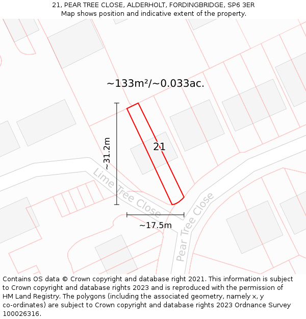 21, PEAR TREE CLOSE, ALDERHOLT, FORDINGBRIDGE, SP6 3ER: Plot and title map