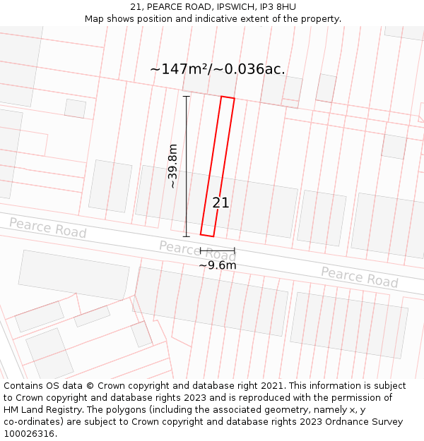 21, PEARCE ROAD, IPSWICH, IP3 8HU: Plot and title map