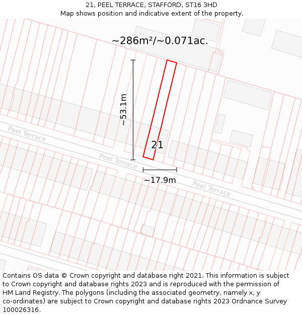 21, PEEL TERRACE, STAFFORD, ST16 3HD: Plot and title map
