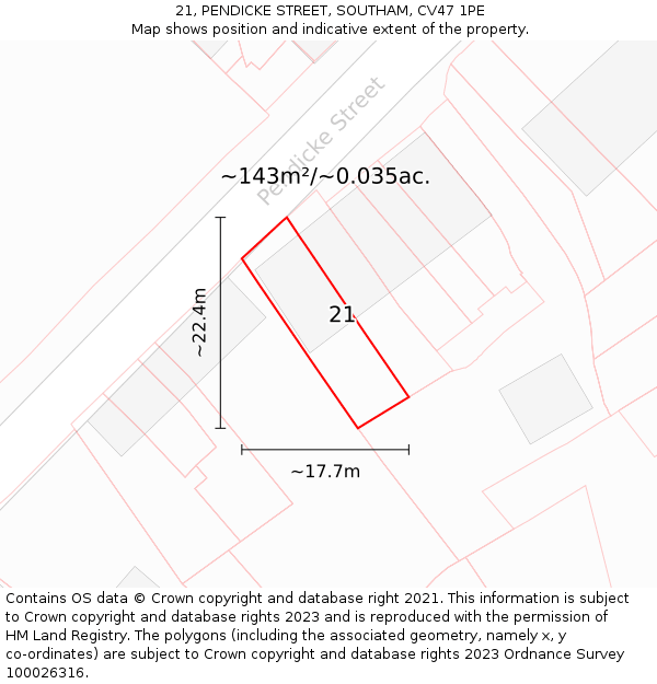 21, PENDICKE STREET, SOUTHAM, CV47 1PE: Plot and title map