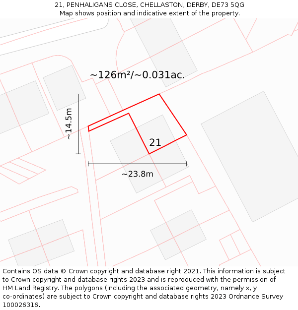 21, PENHALIGANS CLOSE, CHELLASTON, DERBY, DE73 5QG: Plot and title map