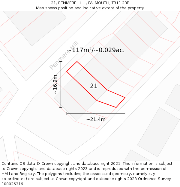 21, PENMERE HILL, FALMOUTH, TR11 2RB: Plot and title map