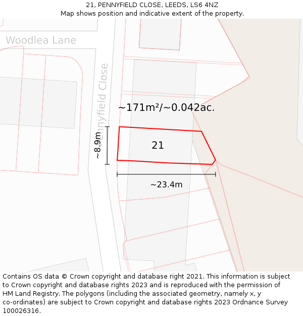 21, PENNYFIELD CLOSE, LEEDS, LS6 4NZ: Plot and title map