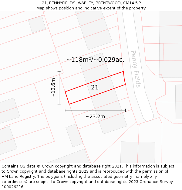 21, PENNYFIELDS, WARLEY, BRENTWOOD, CM14 5JP: Plot and title map