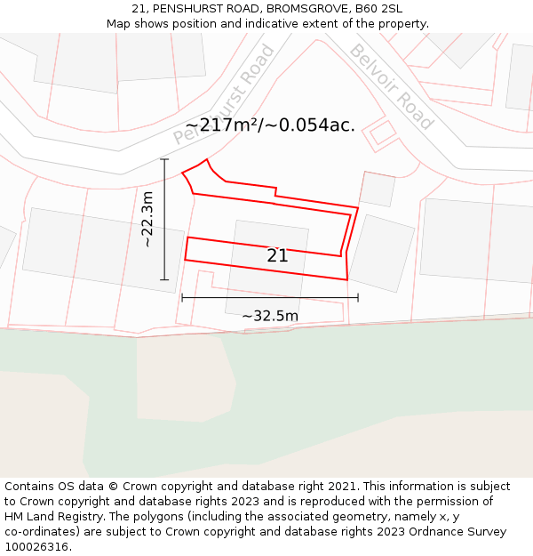 21, PENSHURST ROAD, BROMSGROVE, B60 2SL: Plot and title map