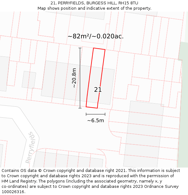 21, PERRYFIELDS, BURGESS HILL, RH15 8TU: Plot and title map