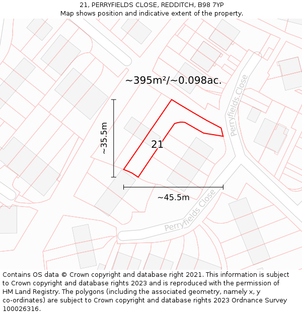 21, PERRYFIELDS CLOSE, REDDITCH, B98 7YP: Plot and title map