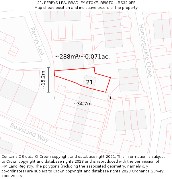 21, PERRYS LEA, BRADLEY STOKE, BRISTOL, BS32 0EE: Plot and title map