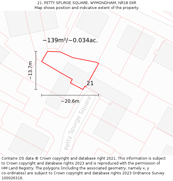 21, PETTY SPURGE SQUARE, WYMONDHAM, NR18 0XR: Plot and title map
