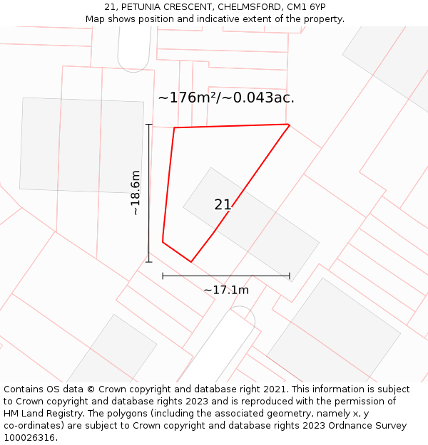 21, PETUNIA CRESCENT, CHELMSFORD, CM1 6YP: Plot and title map