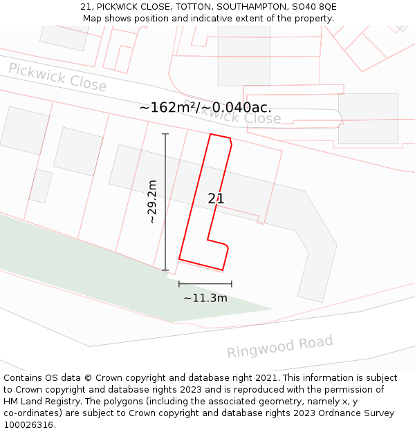 21, PICKWICK CLOSE, TOTTON, SOUTHAMPTON, SO40 8QE: Plot and title map