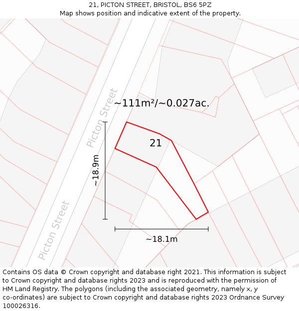 21, PICTON STREET, BRISTOL, BS6 5PZ: Plot and title map