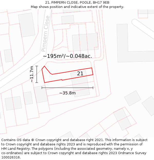21, PIMPERN CLOSE, POOLE, BH17 9EB: Plot and title map