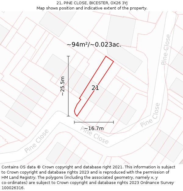 21, PINE CLOSE, BICESTER, OX26 3YJ: Plot and title map
