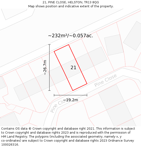 21, PINE CLOSE, HELSTON, TR13 8QG: Plot and title map