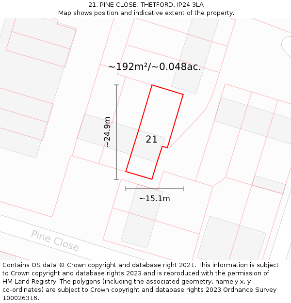 21, PINE CLOSE, THETFORD, IP24 3LA: Plot and title map