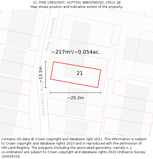 21, PINE CRESCENT, HUTTON, BRENTWOOD, CM13 1JE: Plot and title map