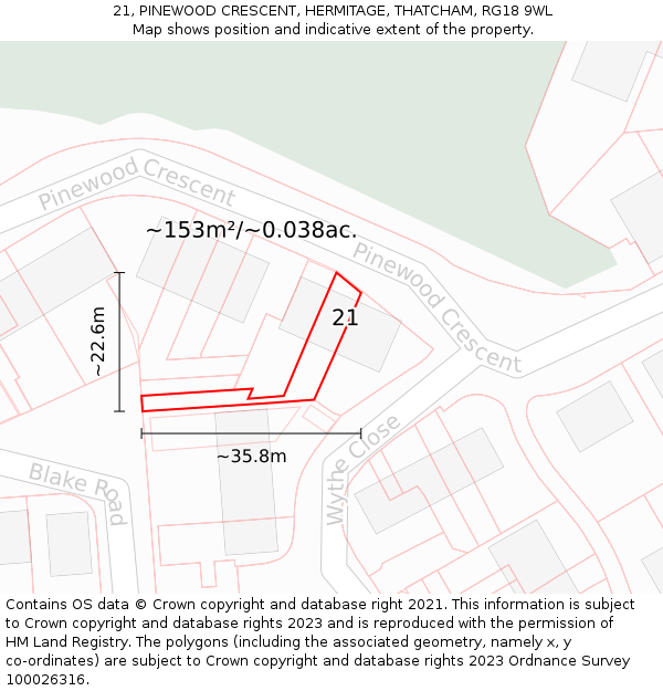 21, PINEWOOD CRESCENT, HERMITAGE, THATCHAM, RG18 9WL: Plot and title map