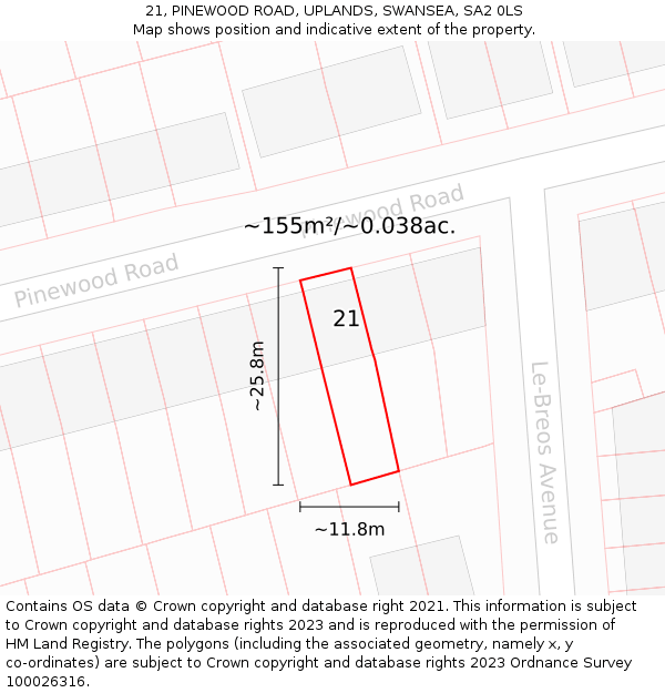 21, PINEWOOD ROAD, UPLANDS, SWANSEA, SA2 0LS: Plot and title map