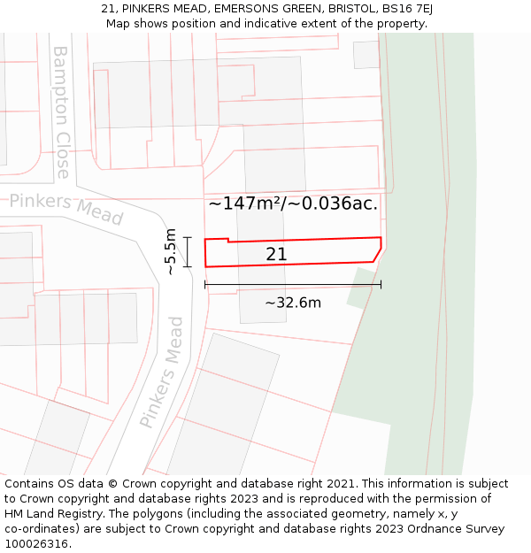 21, PINKERS MEAD, EMERSONS GREEN, BRISTOL, BS16 7EJ: Plot and title map