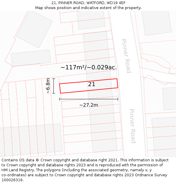 21, PINNER ROAD, WATFORD, WD19 4EF: Plot and title map