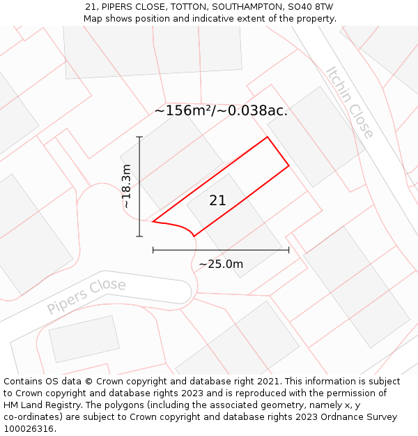 21, PIPERS CLOSE, TOTTON, SOUTHAMPTON, SO40 8TW: Plot and title map