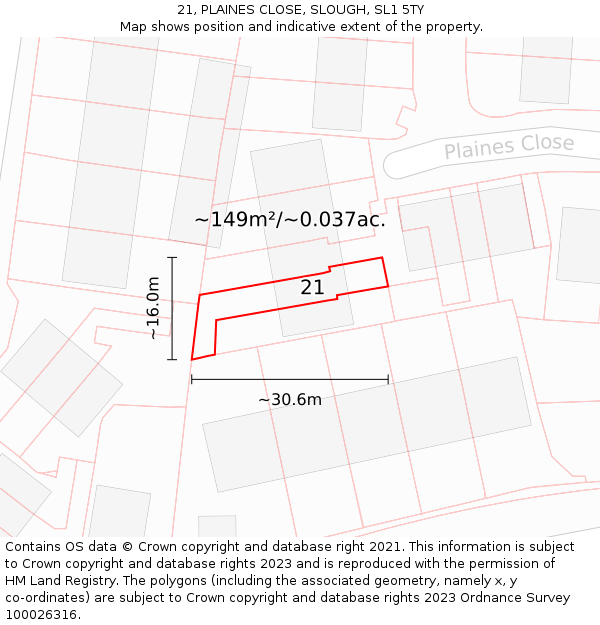 21, PLAINES CLOSE, SLOUGH, SL1 5TY: Plot and title map