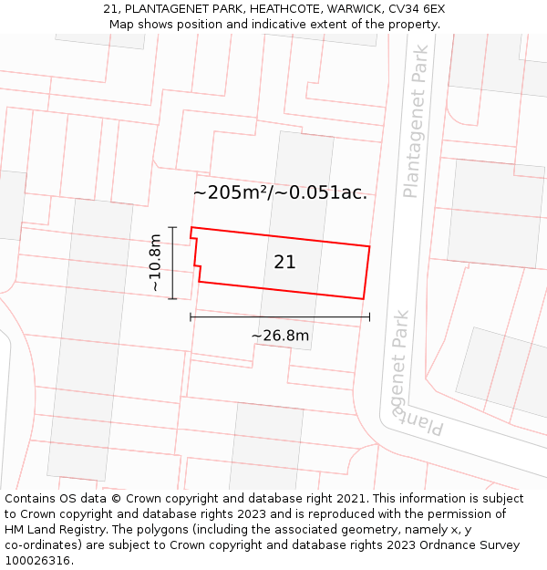 21, PLANTAGENET PARK, HEATHCOTE, WARWICK, CV34 6EX: Plot and title map