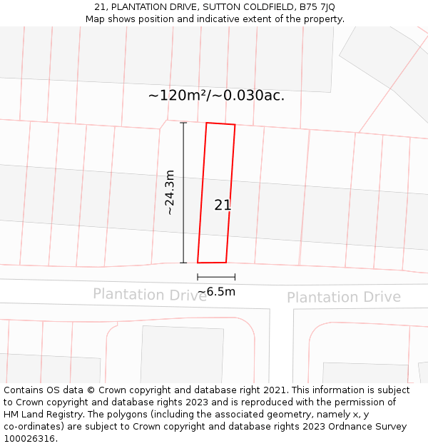 21, PLANTATION DRIVE, SUTTON COLDFIELD, B75 7JQ: Plot and title map