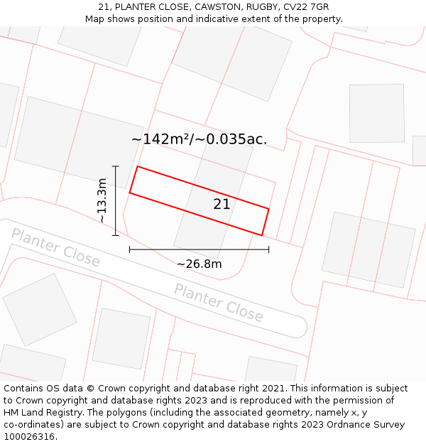21, PLANTER CLOSE, CAWSTON, RUGBY, CV22 7GR: Plot and title map